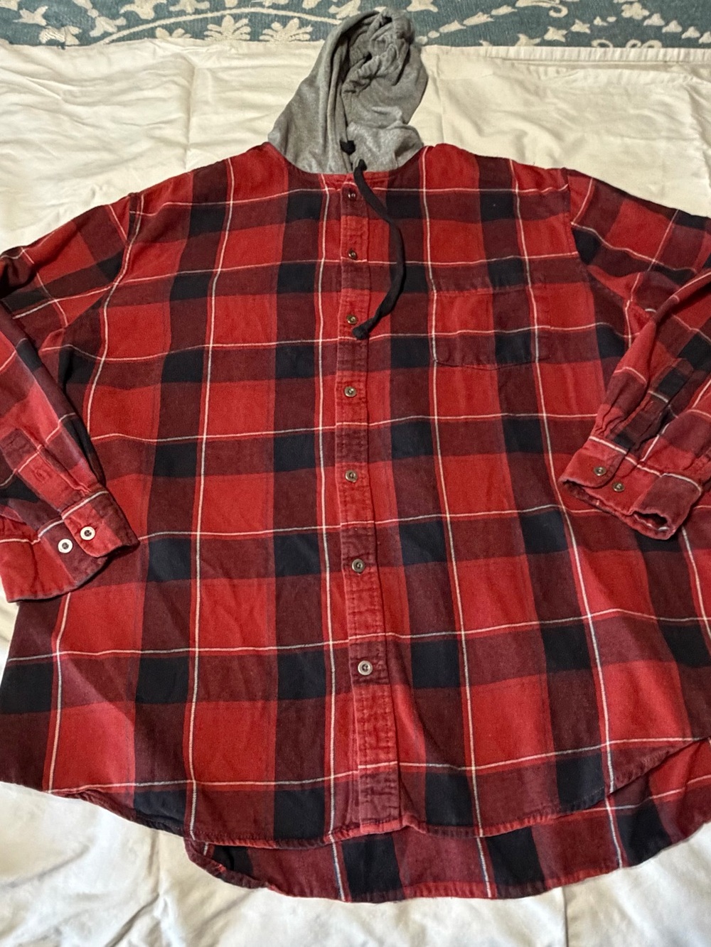The Foundry Supply Co. Red and Black Plaid Button-Down Hooded Shirt